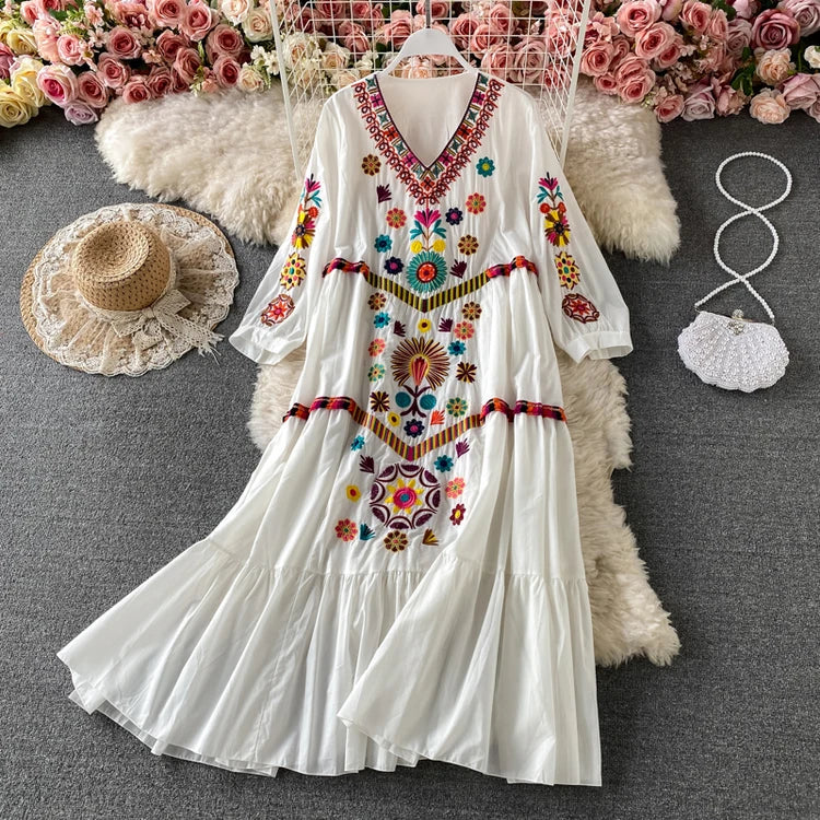 Vintage Women Floral Embroidery Beach Dress
