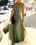 Women Boho Polka Dot Print Chiffon Pleated Maxi Dress