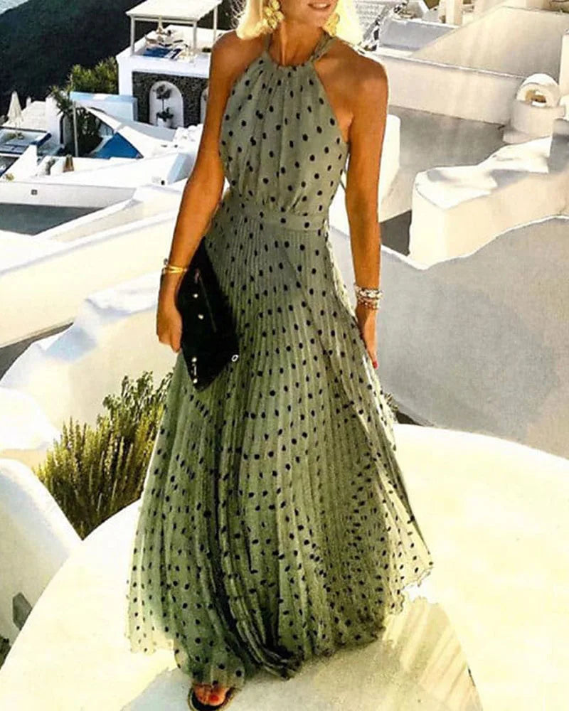 Women Boho Polka Dot Print Chiffon Pleated Maxi Dress