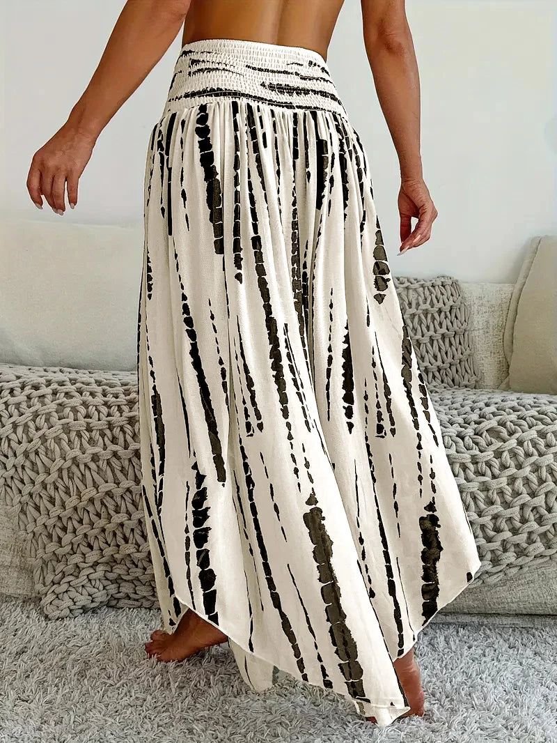 Women's Boho Print Knit Belted Long High-Waisted Flared Skirt