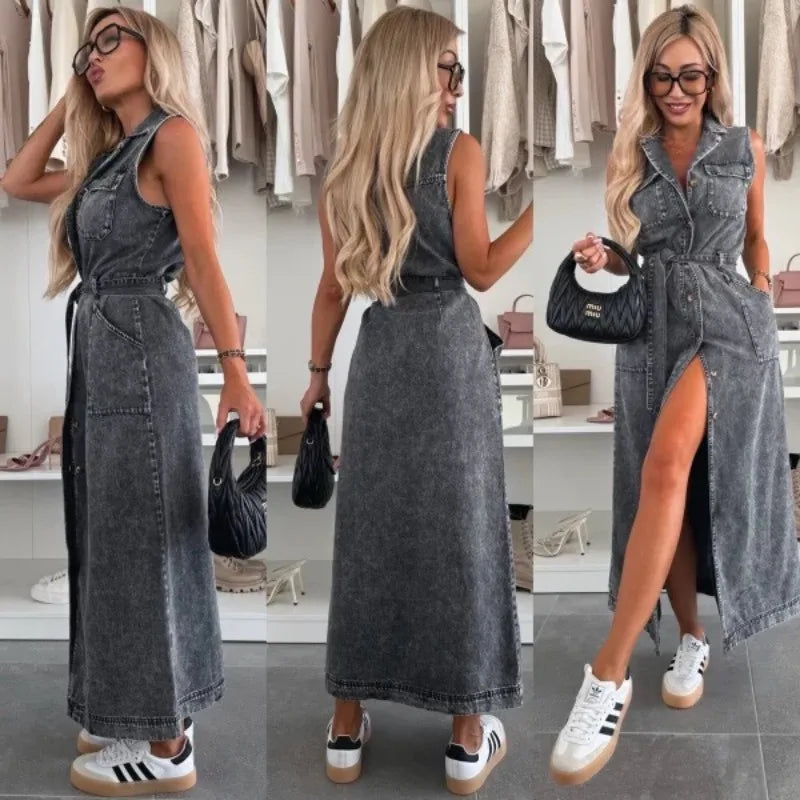 Casual Sleeveless Denim Maxi Shirt