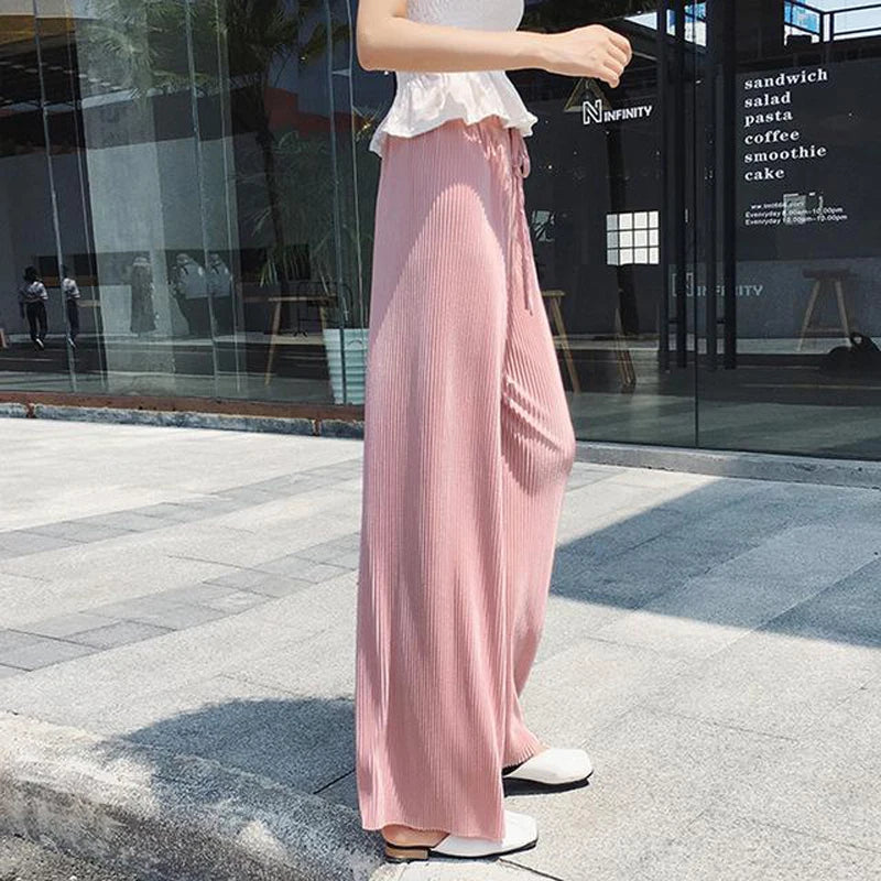 Women Fashion Summer Wide Leg Pants Pleated Ice Silk