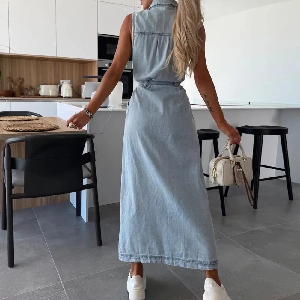Women Sleeveless Long Belted Waist Cinching Single Button Denim Dress