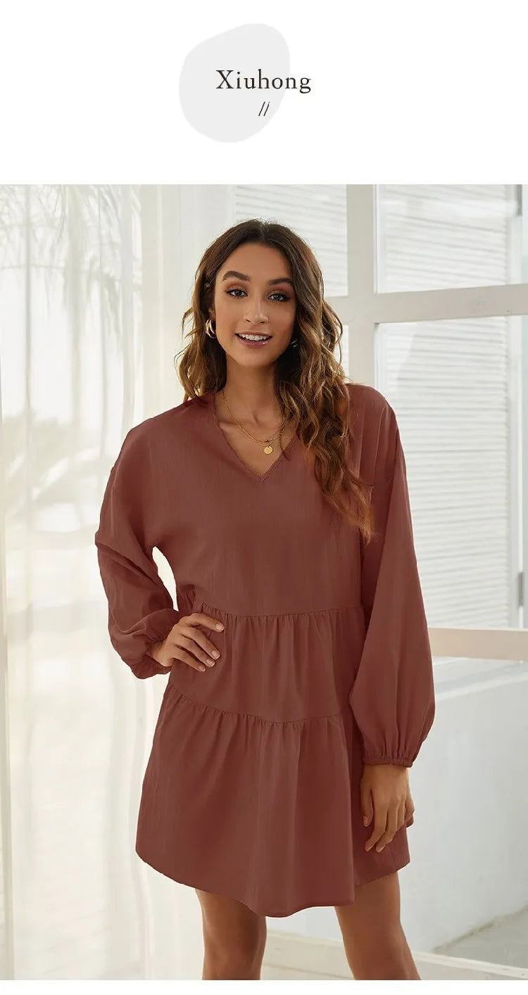 Women's Loose V-Neck Casual Long Sleeve Dress