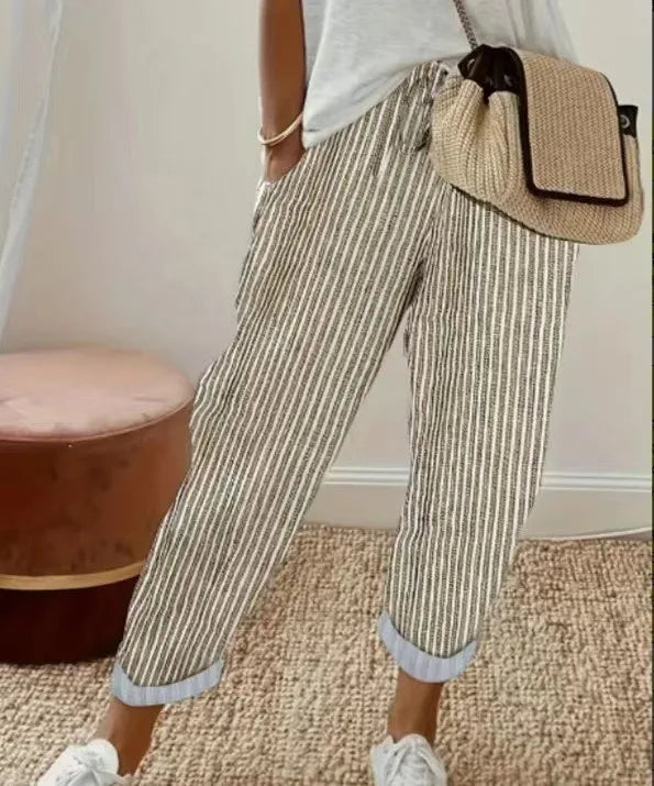 Women's Casual Striped Cotton Linen Pants Elastic Waist