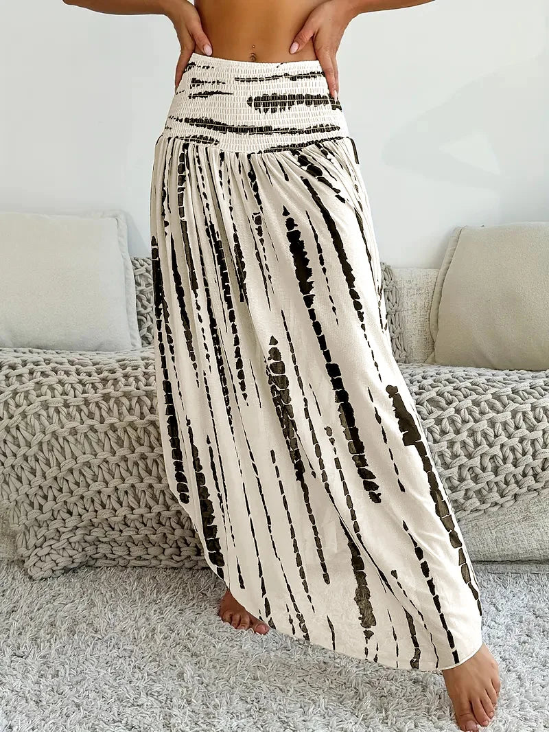 Women's Boho Print Knit Belted Long High-Waisted Flared Skirt