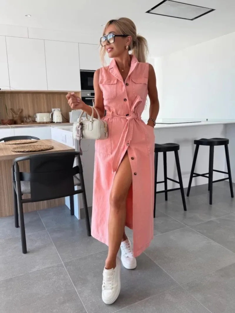 Casual Sleeveless Denim Maxi Shirt