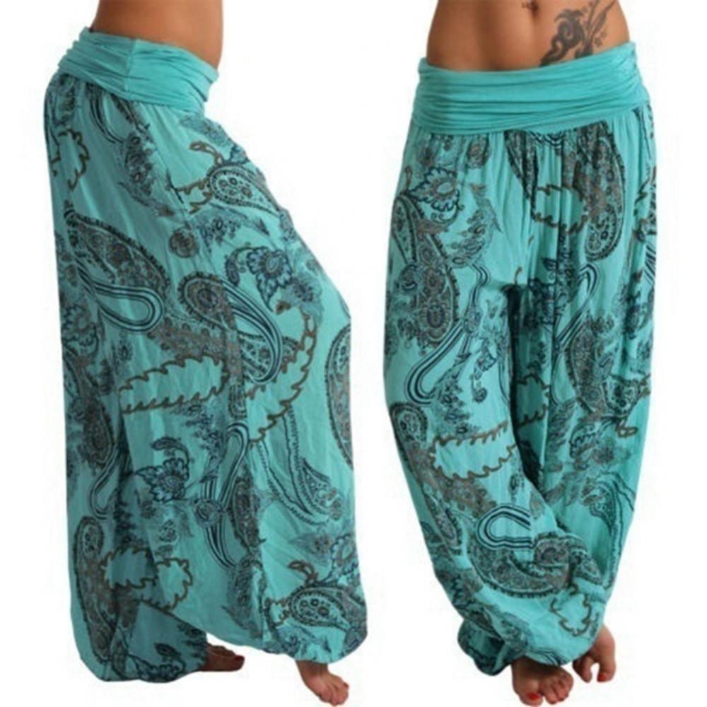 Women Boho Loose Pants Paisley Print High Waist Ankle Tied Harem Pants
