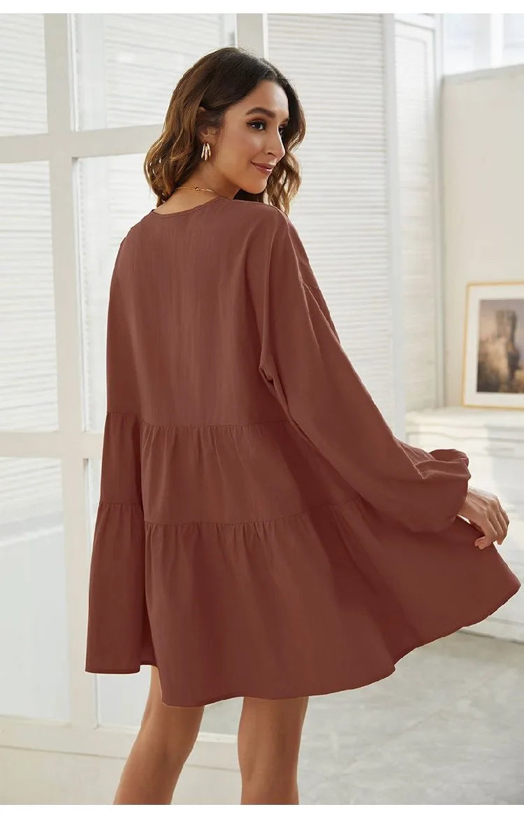 Women's Loose V-Neck Casual Long Sleeve Dress