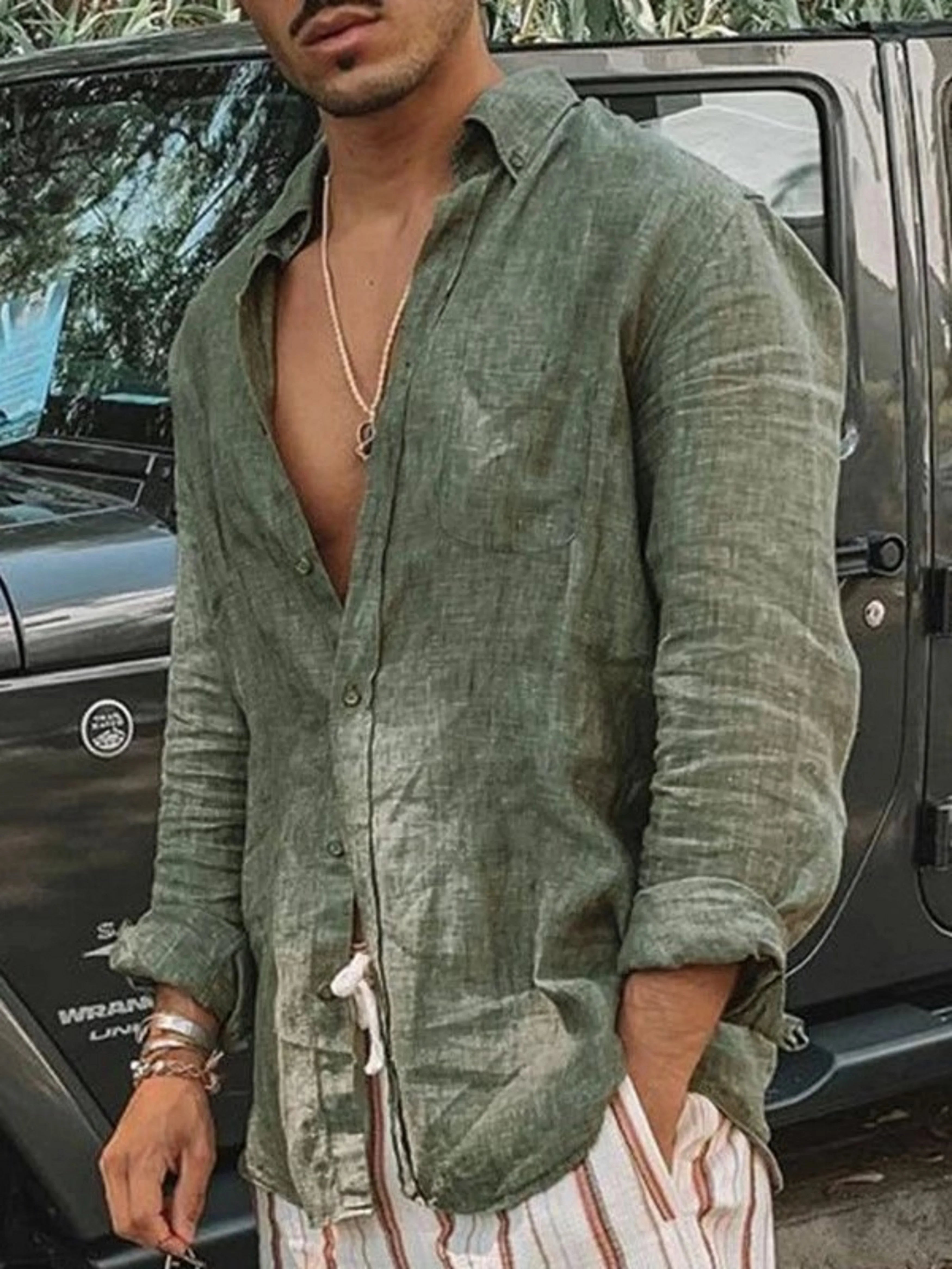 Men's casual fashion solid thin long-sleeved shir