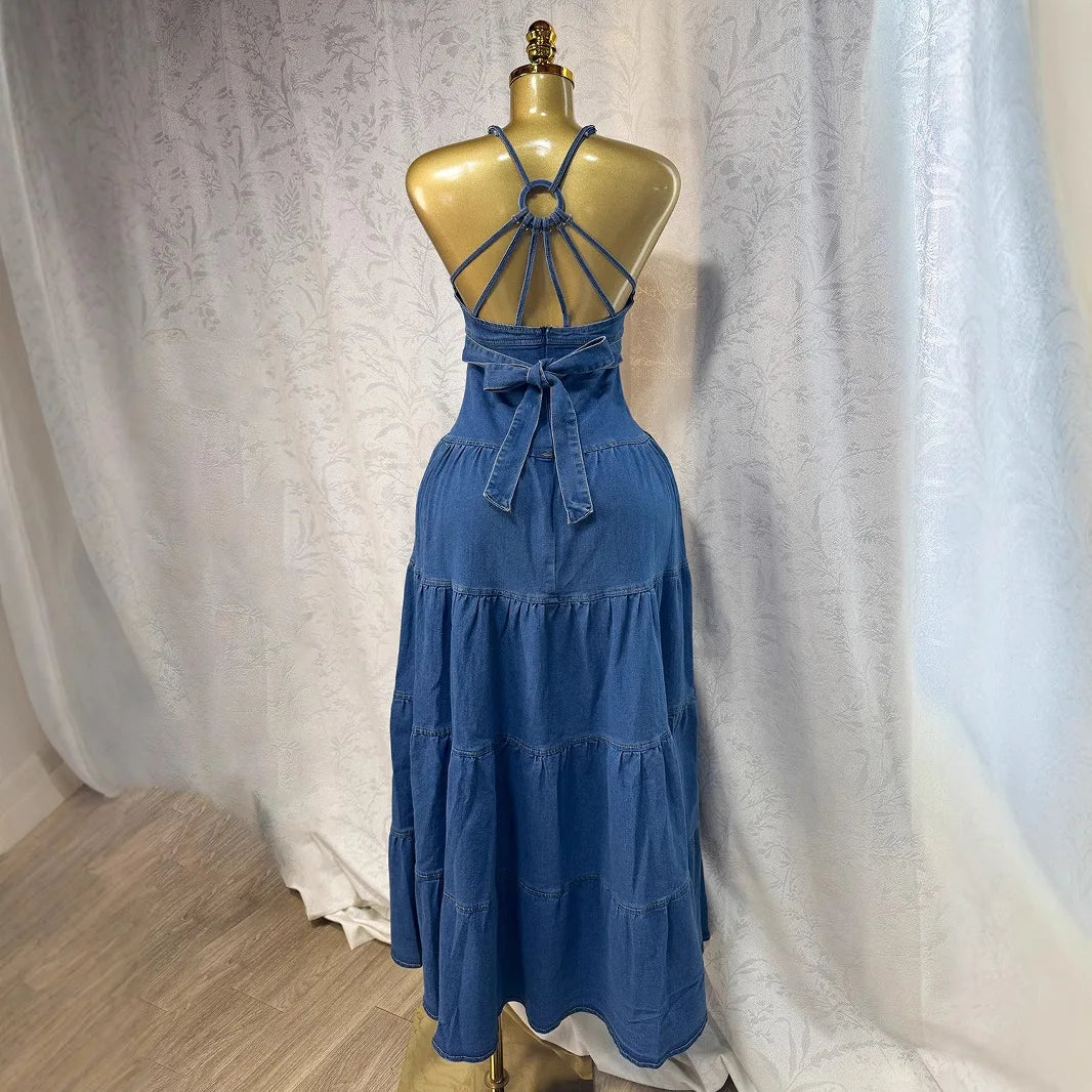 Long Dress Women Denim Dress Sling