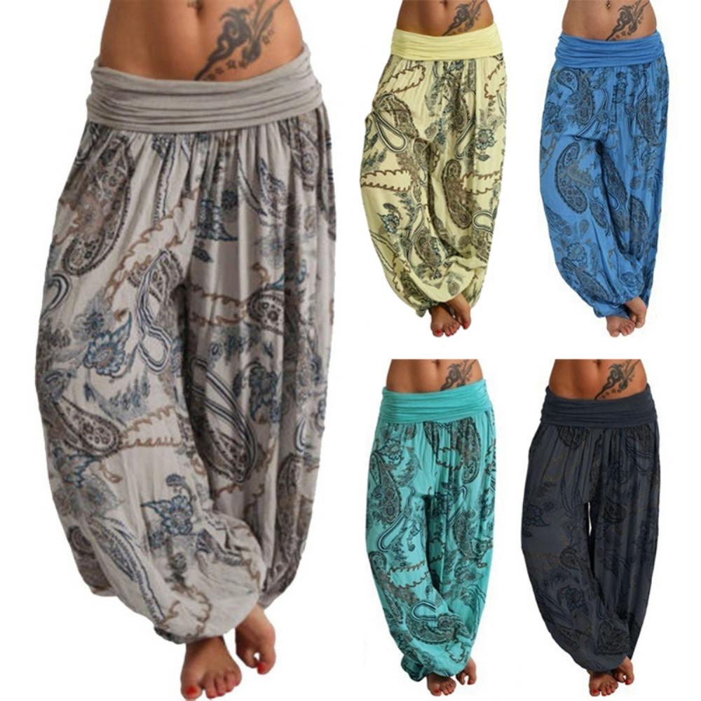 Women Boho Loose Pants Paisley Print High Waist Ankle Tied Harem Pants