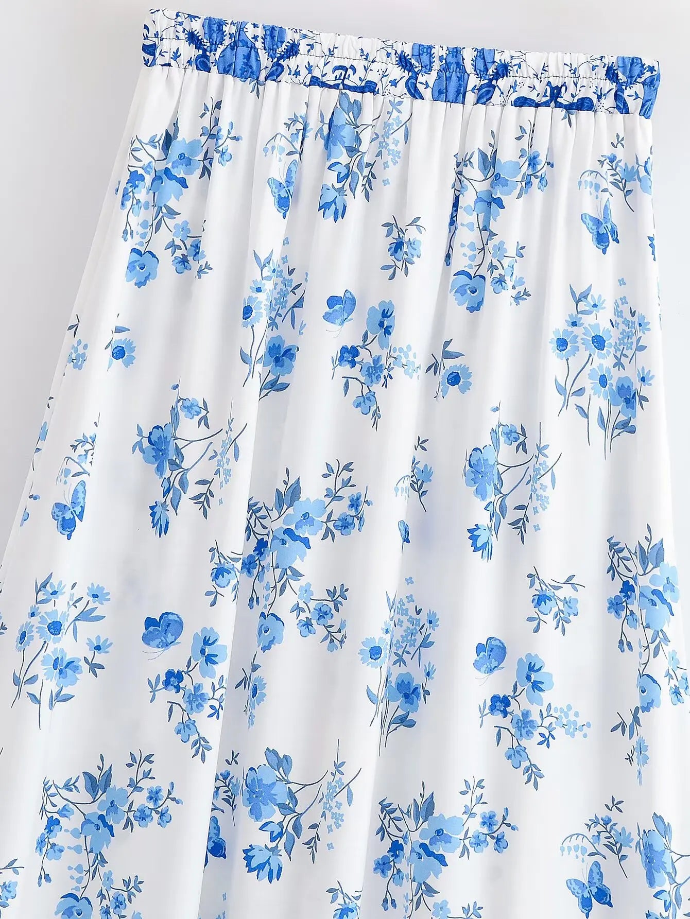 BOHO White With Blue Floral Print Long Skirt
