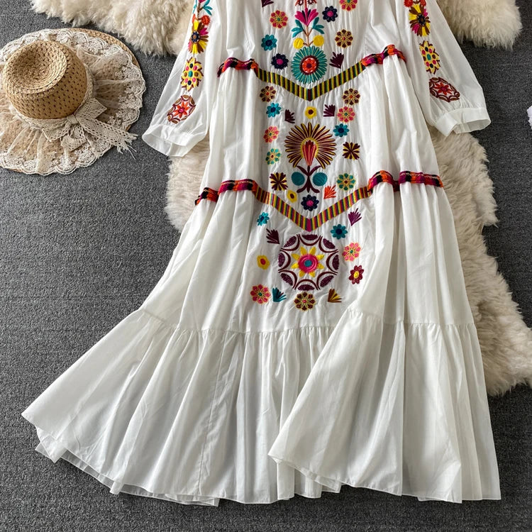 Vintage Women Floral Embroidery Beach Dress