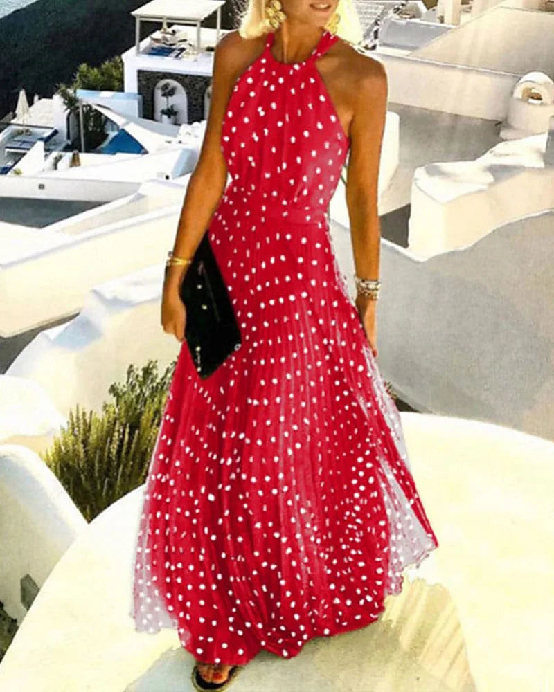 Women Boho Polka Dot Print Chiffon Pleated Maxi Dress
