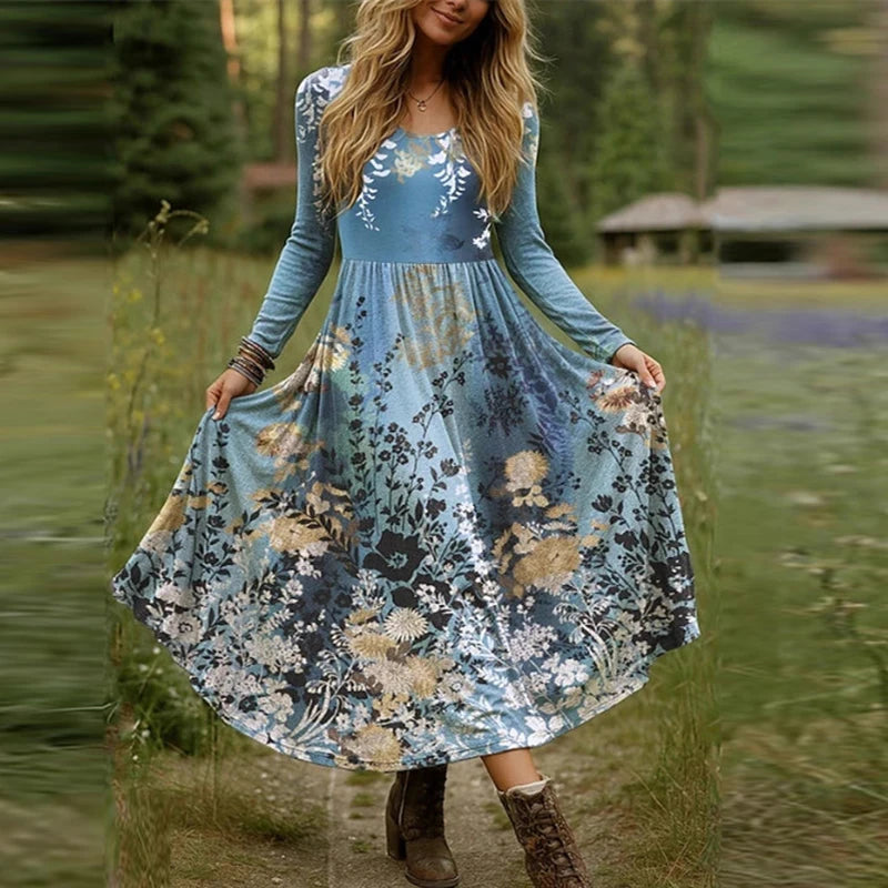 Plus Size Women Dress Boho O Neck Long Sleeve A-line Party Dresses