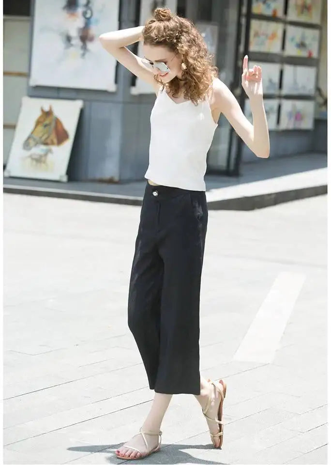 Womens Calf-length Pants Button Pockets Zipper