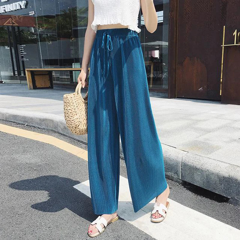 Women Fashion Summer Wide Leg Pants Pleated Ice Silk