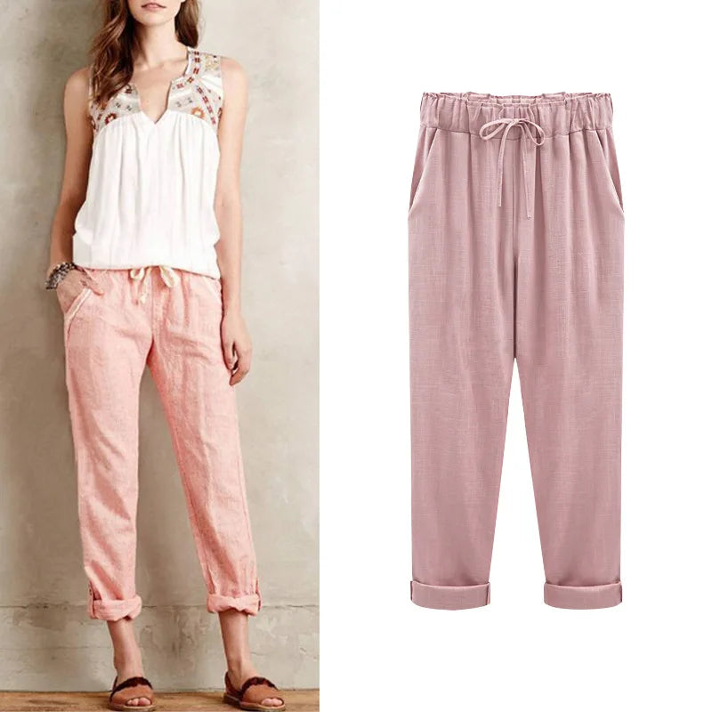 Cotton Linen Pants, Elastic Mid Waist Ankle, Female Slacks Size M-5XL 6XL 7XL 8XL