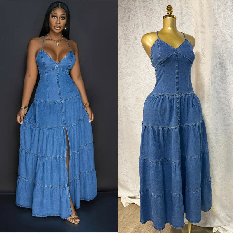 Long Dress Women Denim Dress Sling