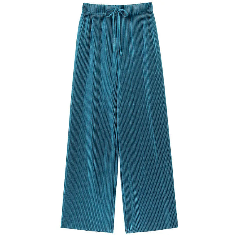 Women Fashion Summer Wide Leg Pants Pleated Ice Silk