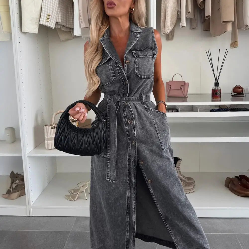 Women Sleeveless Long Belted Waist Cinching Single Button Denim Dress