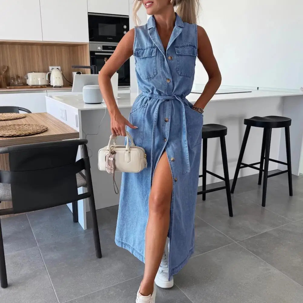 Women Sleeveless Long Belted Waist Cinching Single Button Denim Dress