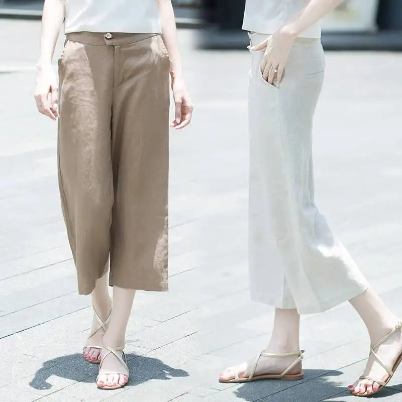 Womens Calf-length Pants Button Pockets Zipper