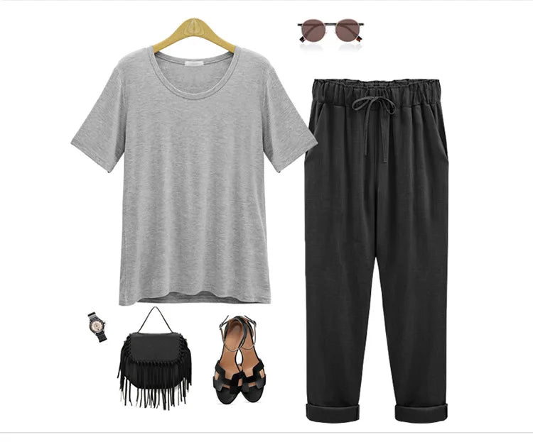 Cotton Linen Pants, Elastic Mid Waist Ankle, Female Slacks Size M-5XL 6XL 7XL 8XL