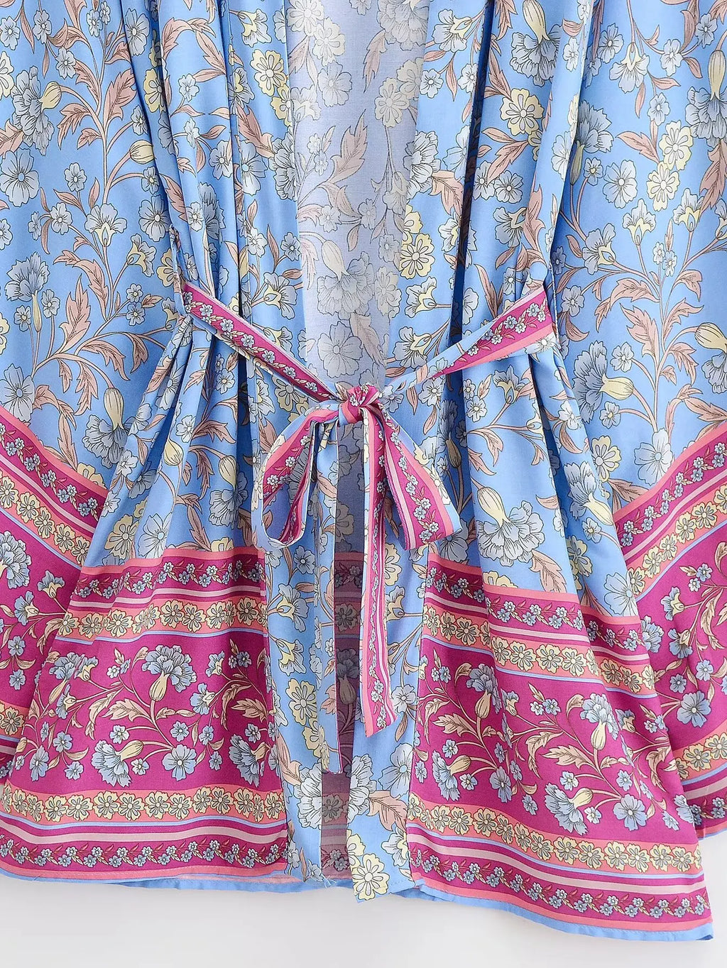 BOHO Women Light Blue Contrast Floral Print Kimono Shirt