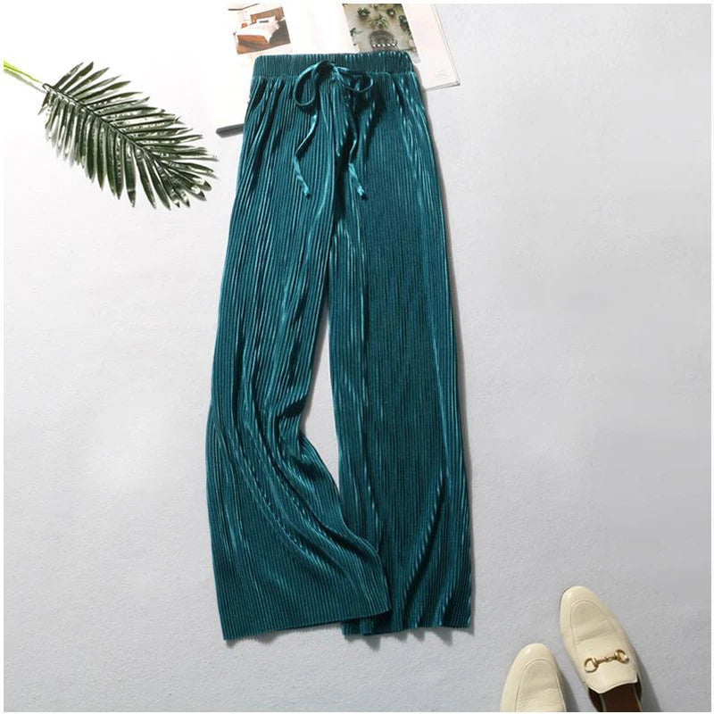 Women Fashion Summer Wide Leg Pants Pleated Ice Silk