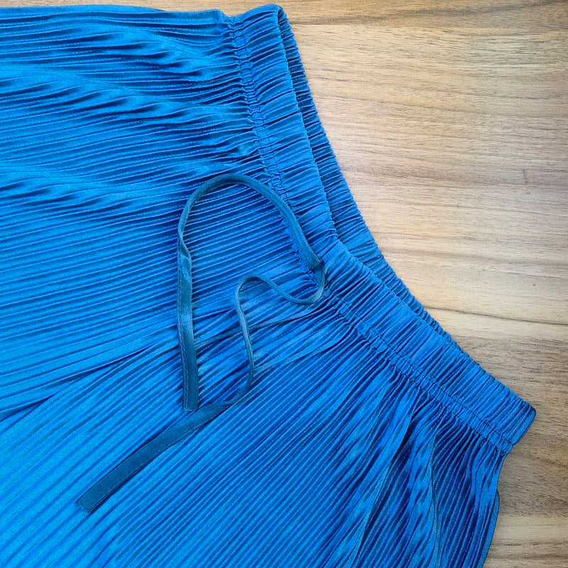 Women Fashion Summer Wide Leg Pants Pleated Ice Silk