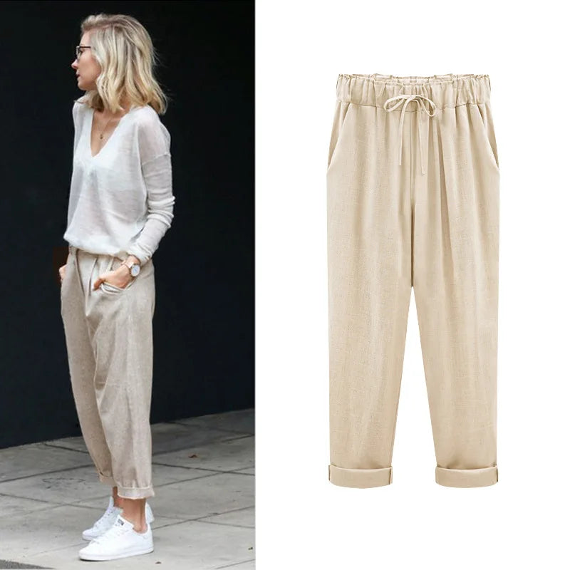 Cotton Linen Pants, Elastic Mid Waist Ankle, Female Slacks Size M-5XL 6XL 7XL 8XL