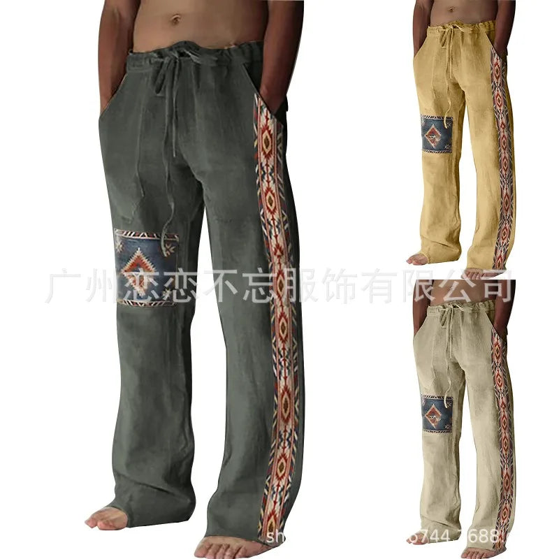 1 Mens Summer Beach Drawstring Ethnic Style Casual Straight Leg Trousers