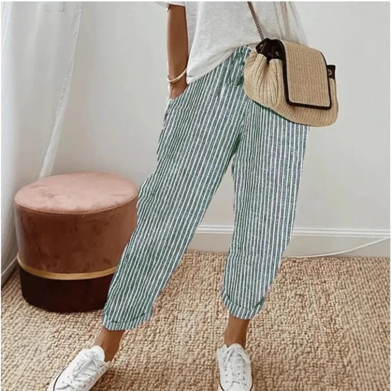 Women's Casual Striped Cotton Linen Pants Elastic Waist