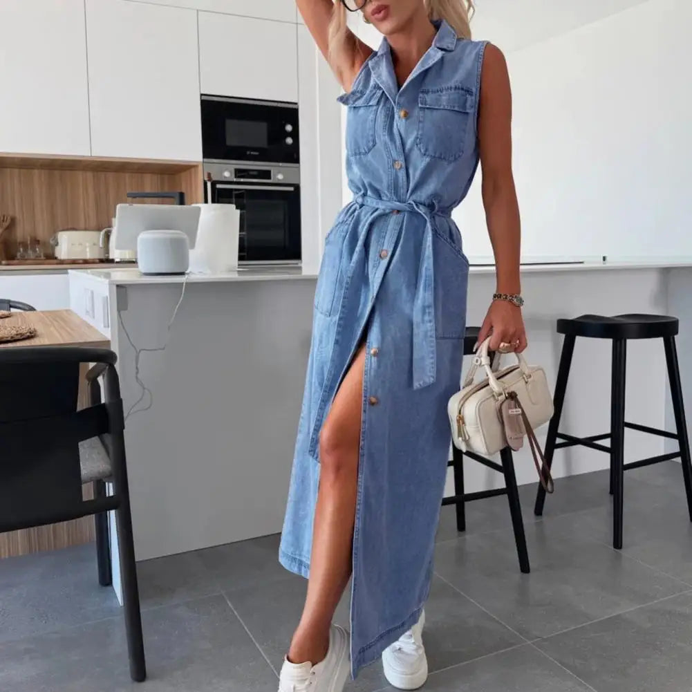 Women Sleeveless Long Belted Waist Cinching Single Button Denim Dress