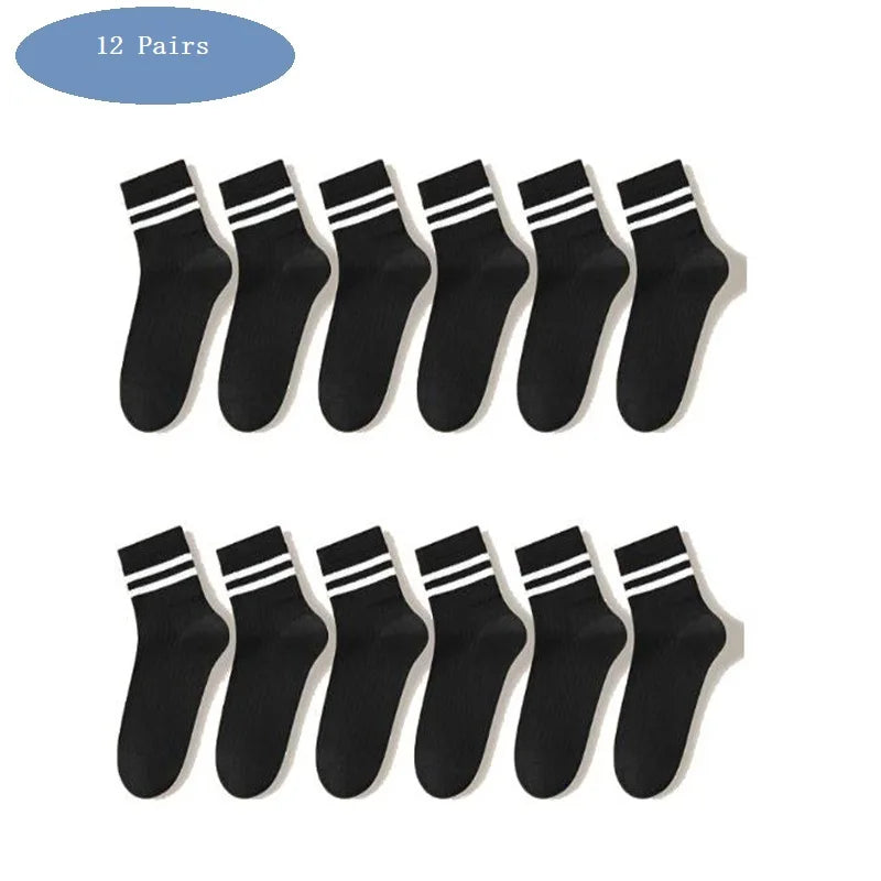 1/6/12 Pairs Mens women Socks High-quality Simple Casual Black White Striped Socks Breathable Mid Tube Sock Basketball Race Sock