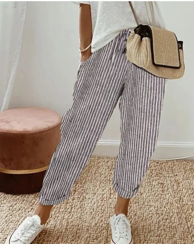 Women's Casual Striped Cotton Linen Pants Elastic Waist