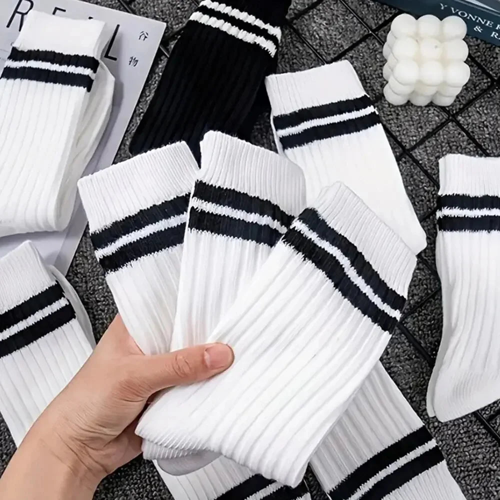 1/6/12 Pairs Mens women Socks High-quality Simple Casual Black White Striped Socks Breathable Mid Tube Sock Basketball Race Sock