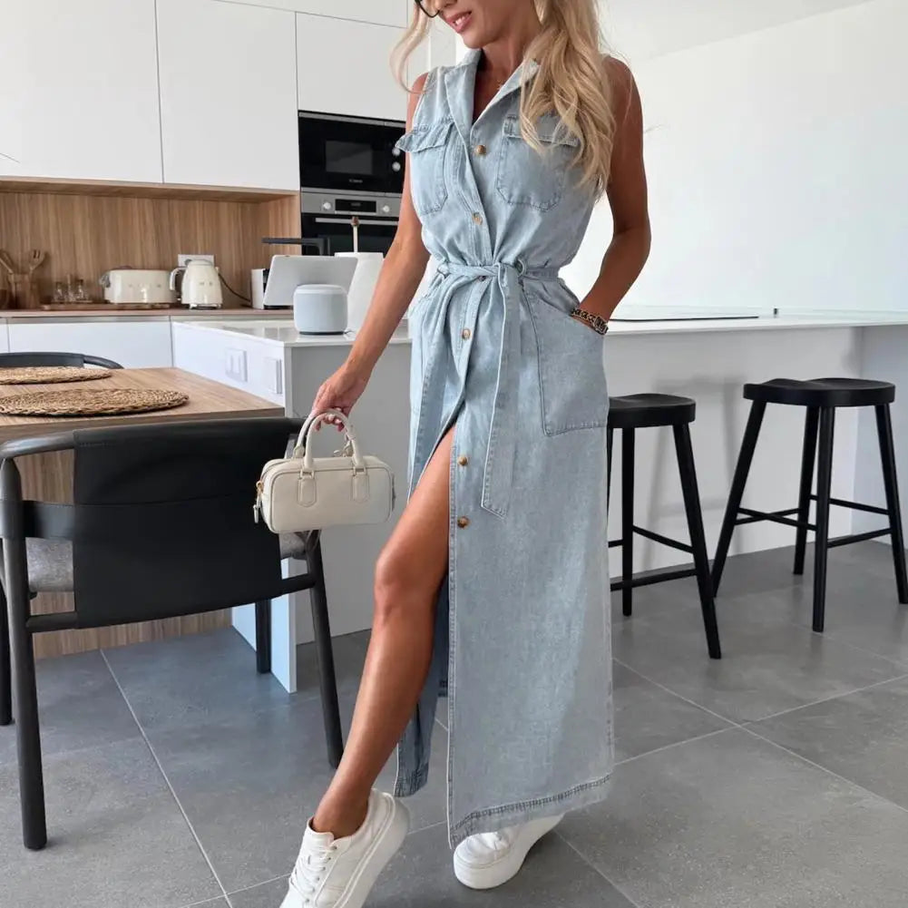 Women Sleeveless Long Belted Waist Cinching Single Button Denim Dress