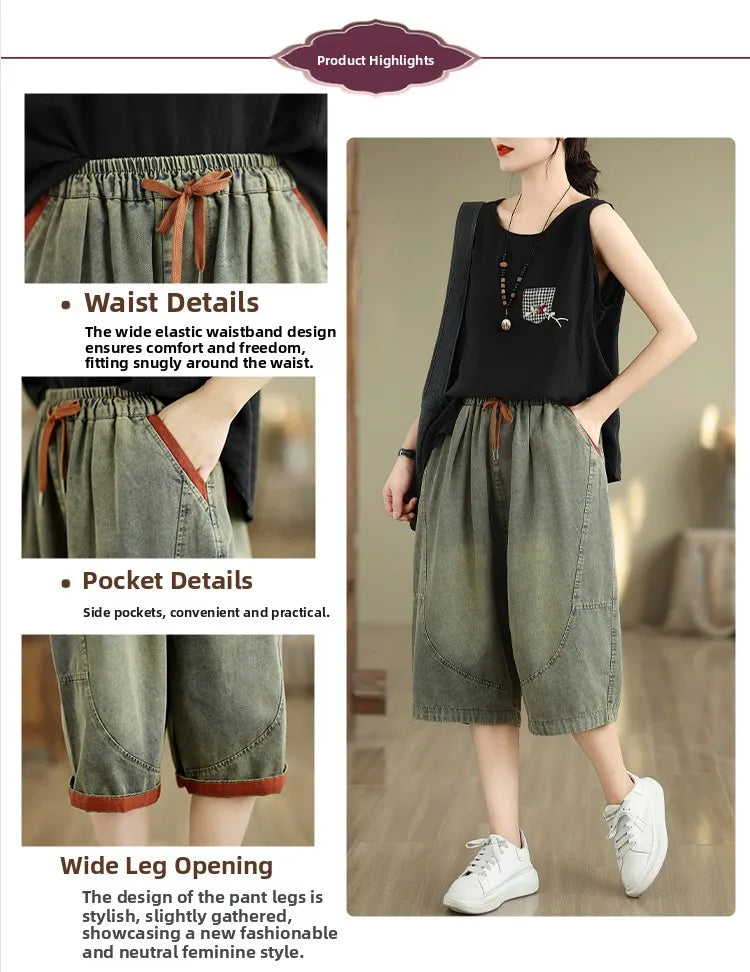 Retro Distressed Denim Belted Slimming Casual Wide Leg Pant
