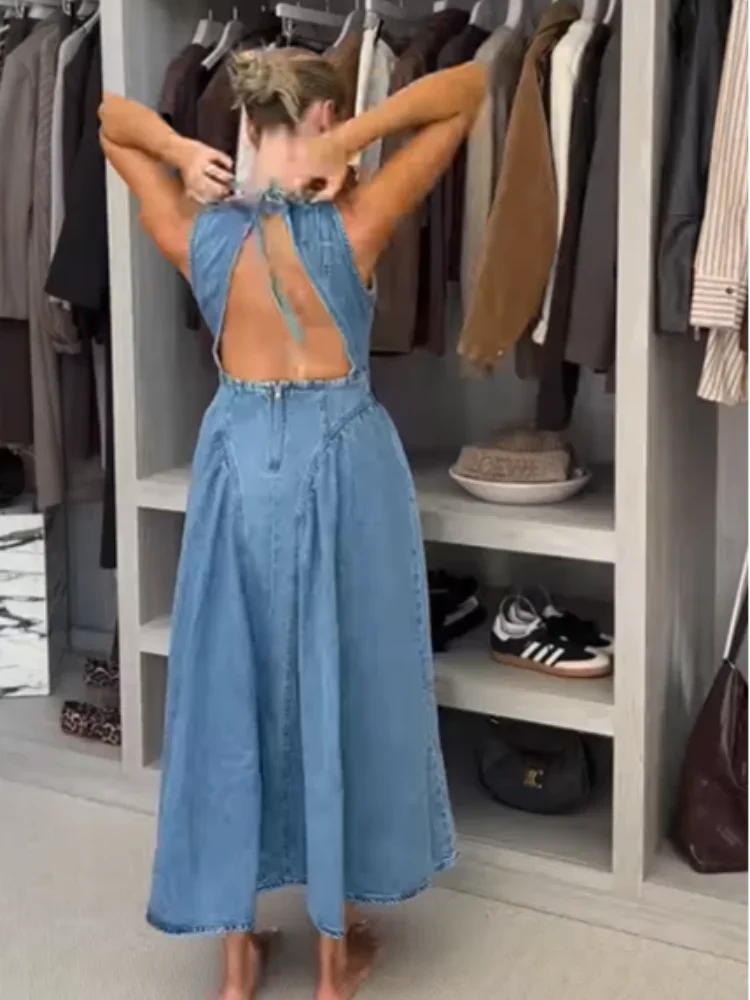 Chic Backless Lace Up Denim Dress