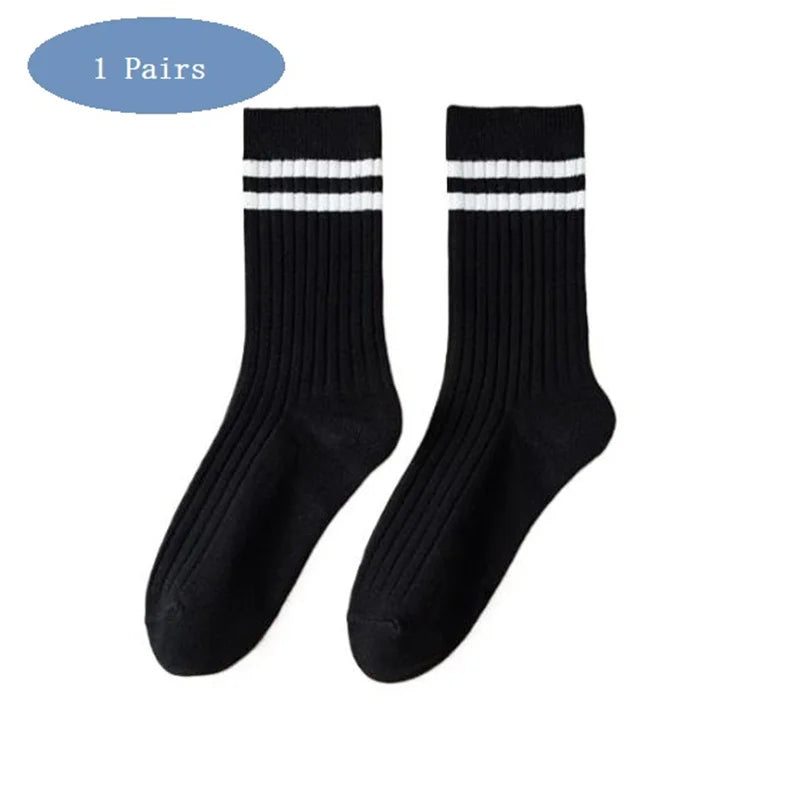 1/6/12 Pairs Mens women Socks High-quality Simple Casual Black White Striped Socks Breathable Mid Tube Sock Basketball Race Sock