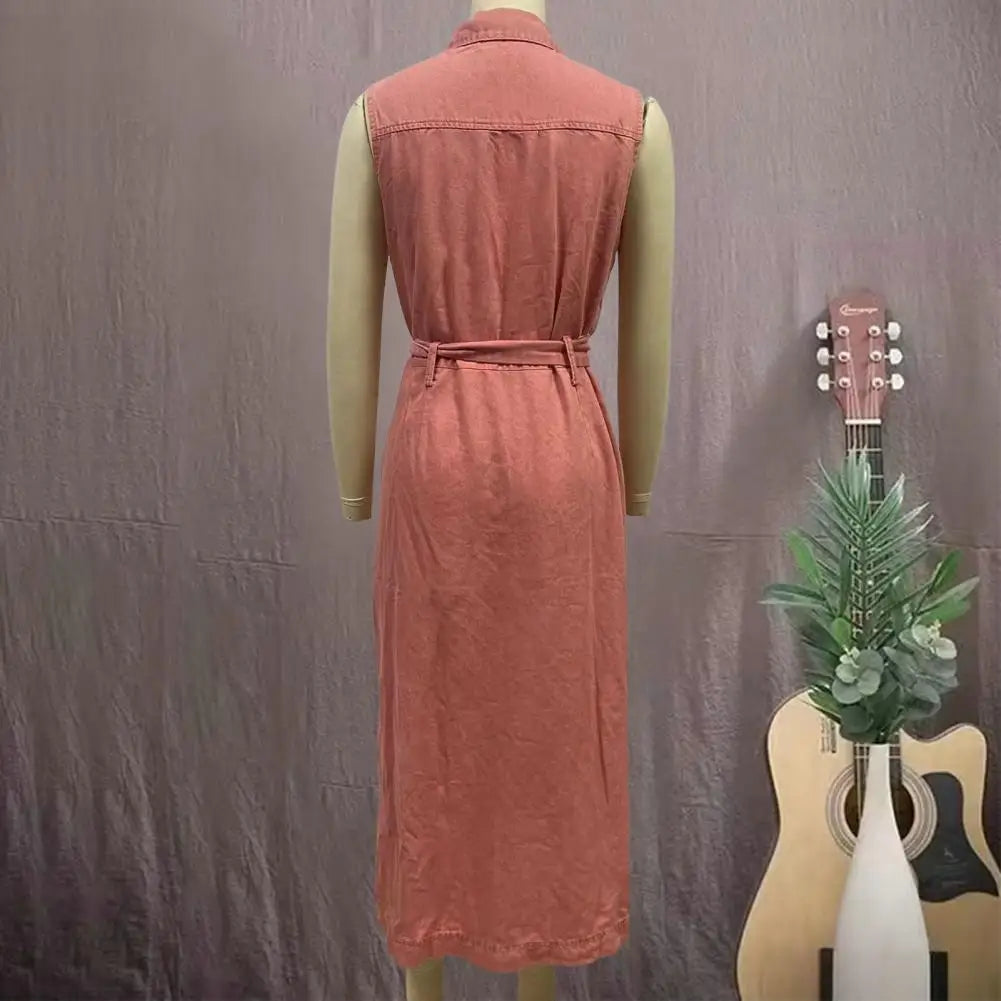 Women Sleeveless Long Belted Waist Cinching Single Button Denim Dress