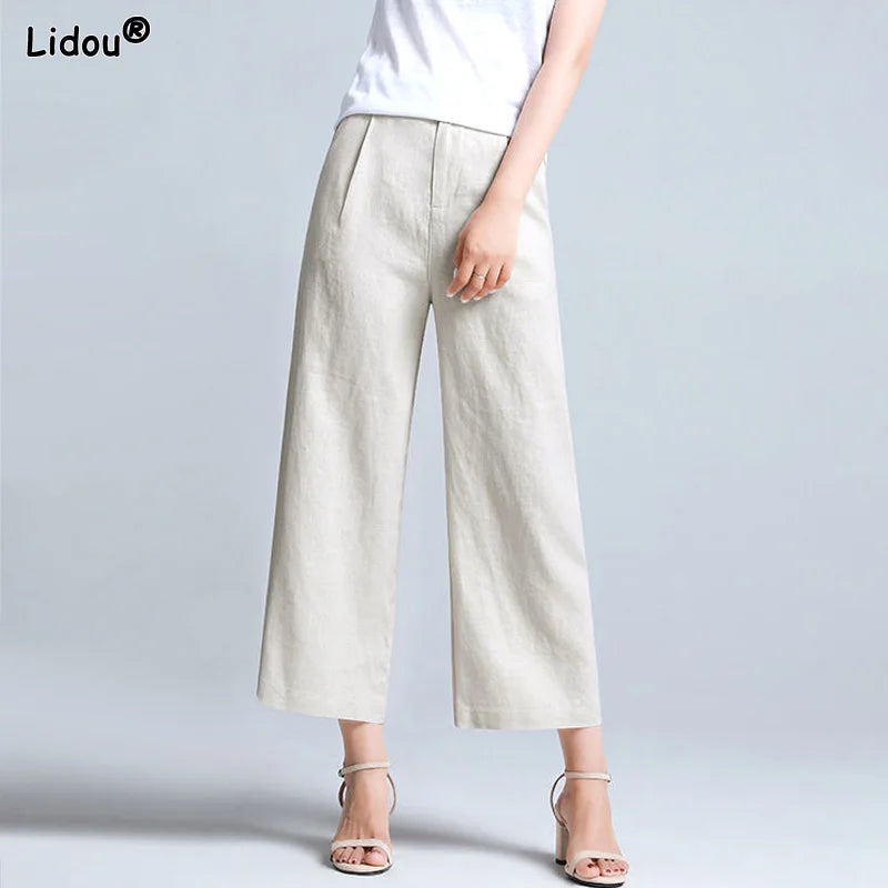Womens Calf-length Pants Button Pockets Zipper