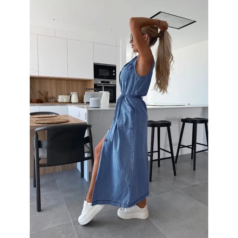 Casual Sleeveless Denim Maxi Shirt