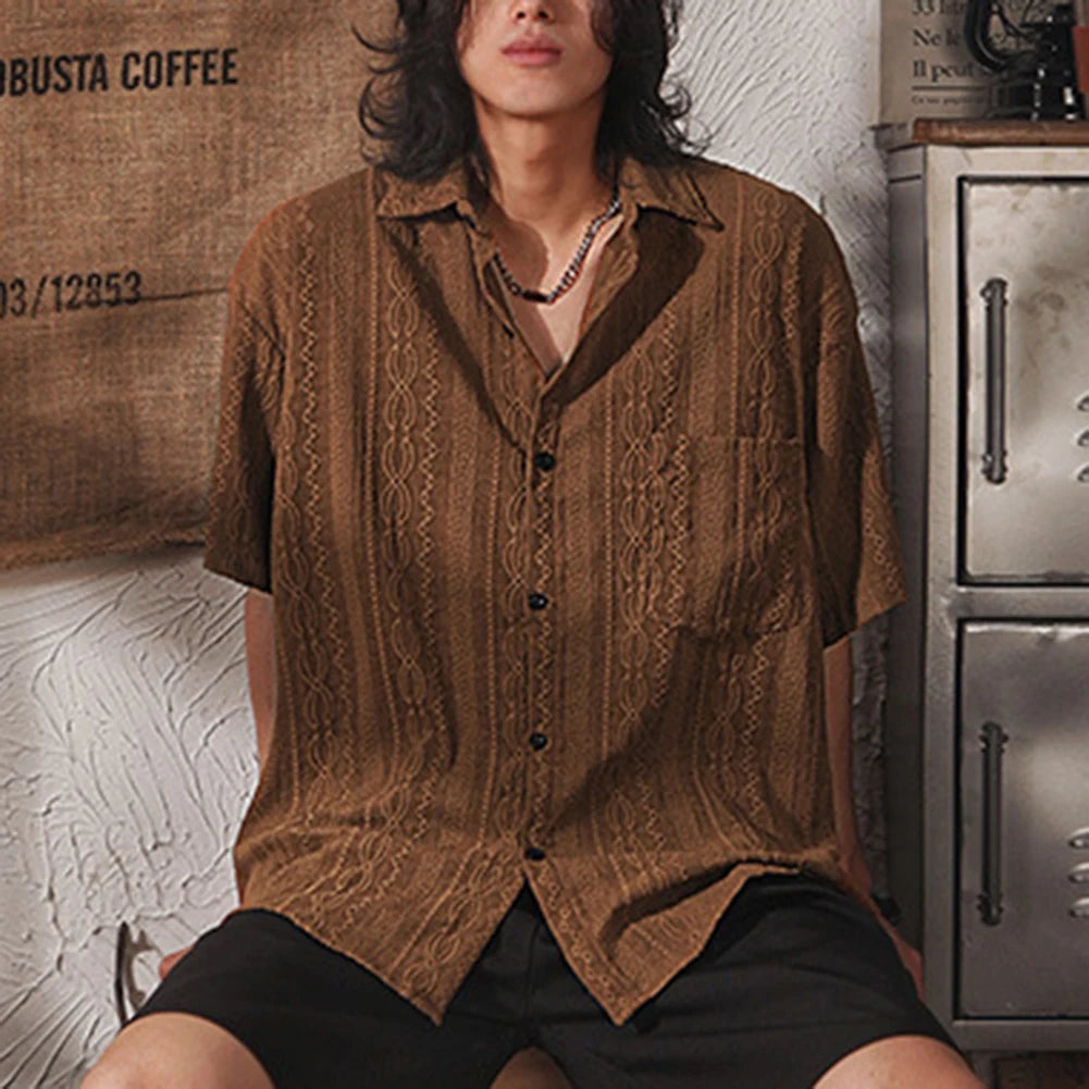 Men Casual Loose Hollow Out Short Sleeve Shirt
