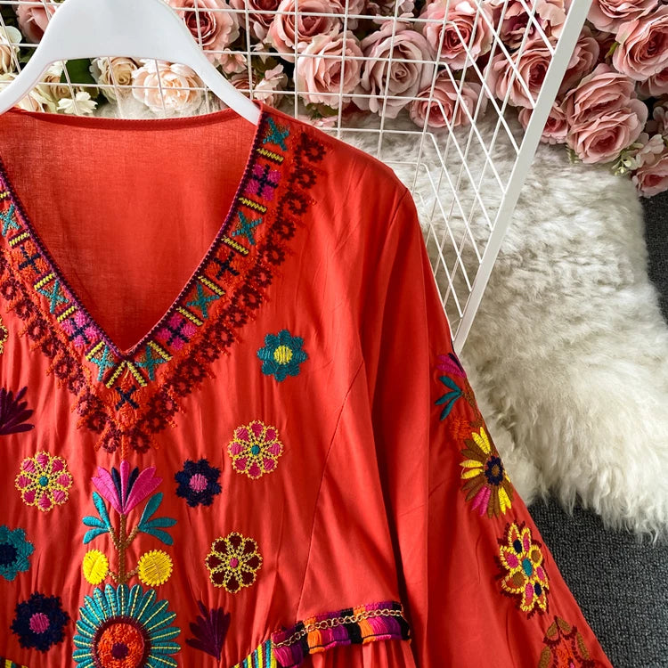 Vintage Women Floral Embroidery Beach Dress