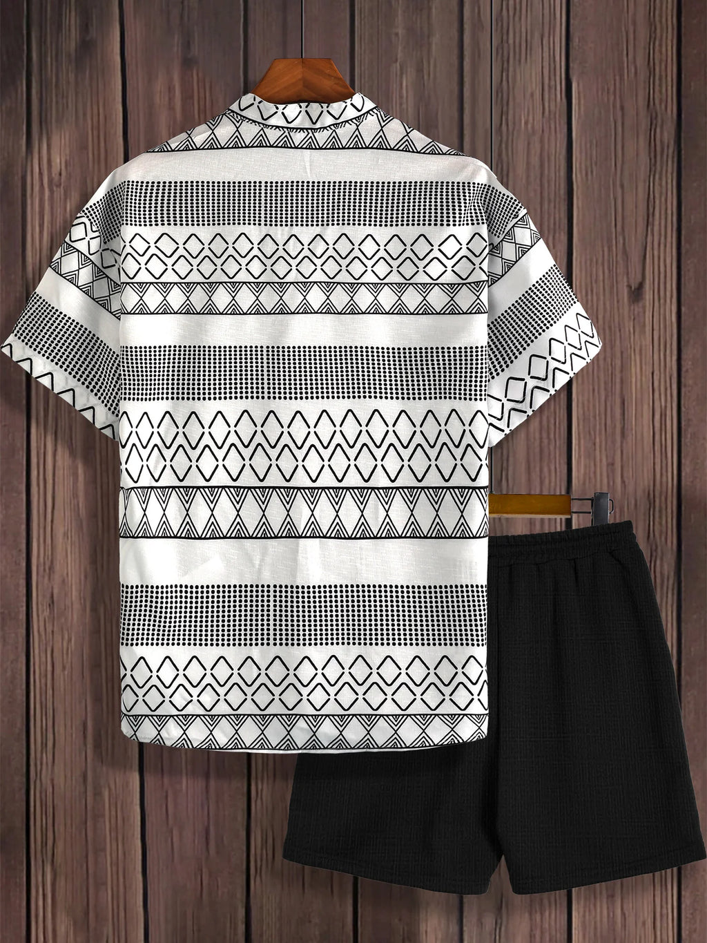 Men's Boho Print Set, Textured Short Sleeve Shirt & Drawstring Shorts