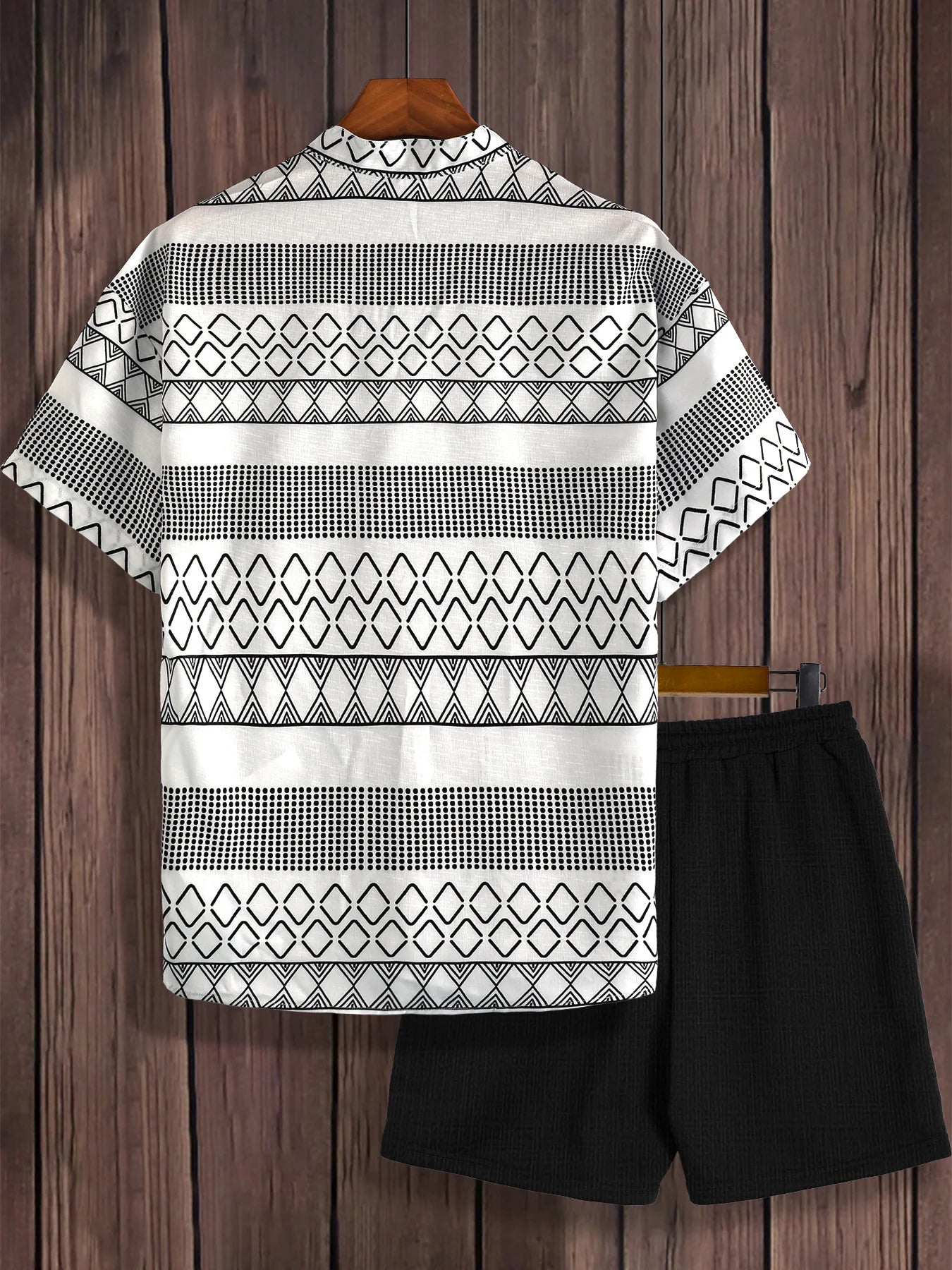 Men's Boho Print Set, Textured Short Sleeve Shirt & Drawstring Shorts